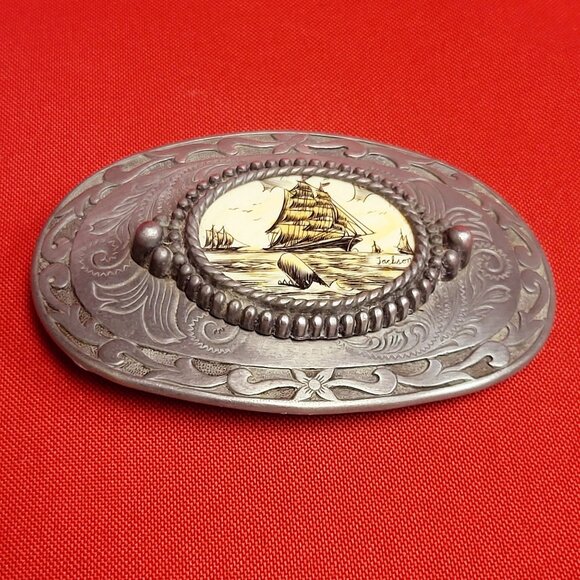 Belt Buckle Sailing Ship Boat Clipper Schooner Galleon Centerpiece Oval - Picture 3 of 9